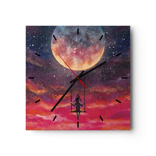 Orologio da parete - Orologio in Vetro - Una figura su un'altalena sospesa contro la luna - 30x30cm - Con la testa tra le nuvole - Decorazione murale moderna per soggiorno e camera da letto ARTTOR