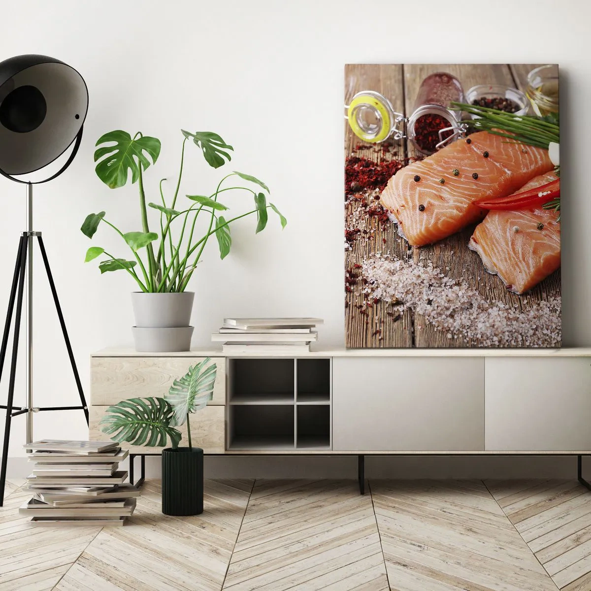 Quadro su tela - Stampe su Tela - Filetti di salmone con spezie su fondo di legno - 50x70cm - Avventura norvegese in cucina - Decorazione murale moderna per soggiorno e camera da letto ARTTOR