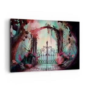Quadro su tela - Stampe su Tela - Un ingresso magico con un cancello in ferro battuto circondato da una vegetazione misteriosa - 120x80cm - Il giardino dei misteri - Decorazione murale moderna per soggiorno e camera da letto ARTTOR