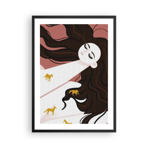 Poster in cornice nera - Una donna sognante con i capelli lunghi e i cavalli dorati - 50x70cm - Il sogno del cavallo d'oro - Decorazione murale moderna per soggiorno e camera da letto ARTTOR