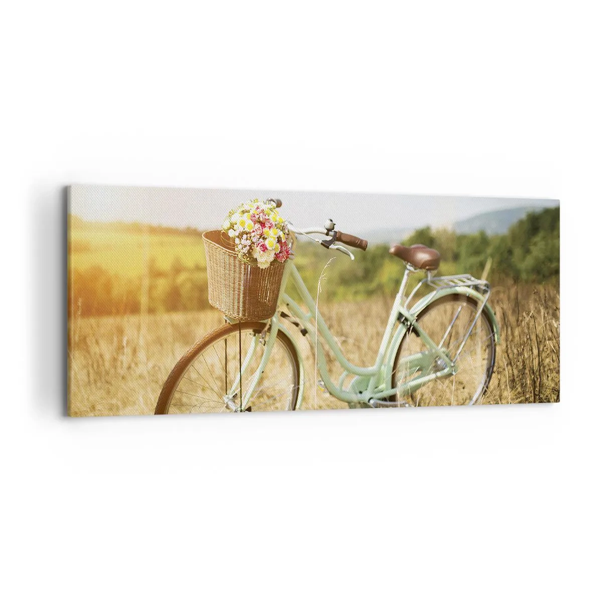 Quadro su tela - Stampe su Tela - Una bicicletta retrò con un cesto pieno di fiori sullo sfondo di un prato. - 120x50cm - Resto qui un attimo - Decorazione murale moderna per soggiorno e camera da letto ARTTOR