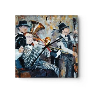 Orologio da parete - Orologio in Vetro - Musicisti jazz in stile pittorico durante un concerto - 30x30cm - Tutto il jazz - Decorazione murale moderna per soggiorno e camera da letto ARTTOR