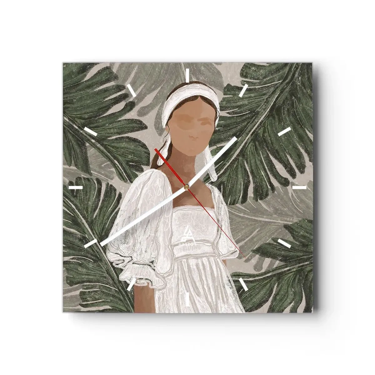 Orologio da parete - Orologio in Vetro - Ritratto di una donna in abito bianco su uno sfondo di foglie di monstera - 30x30cm - Ritratto esotico - Decorazione murale moderna per soggiorno e camera da letto ARTTOR