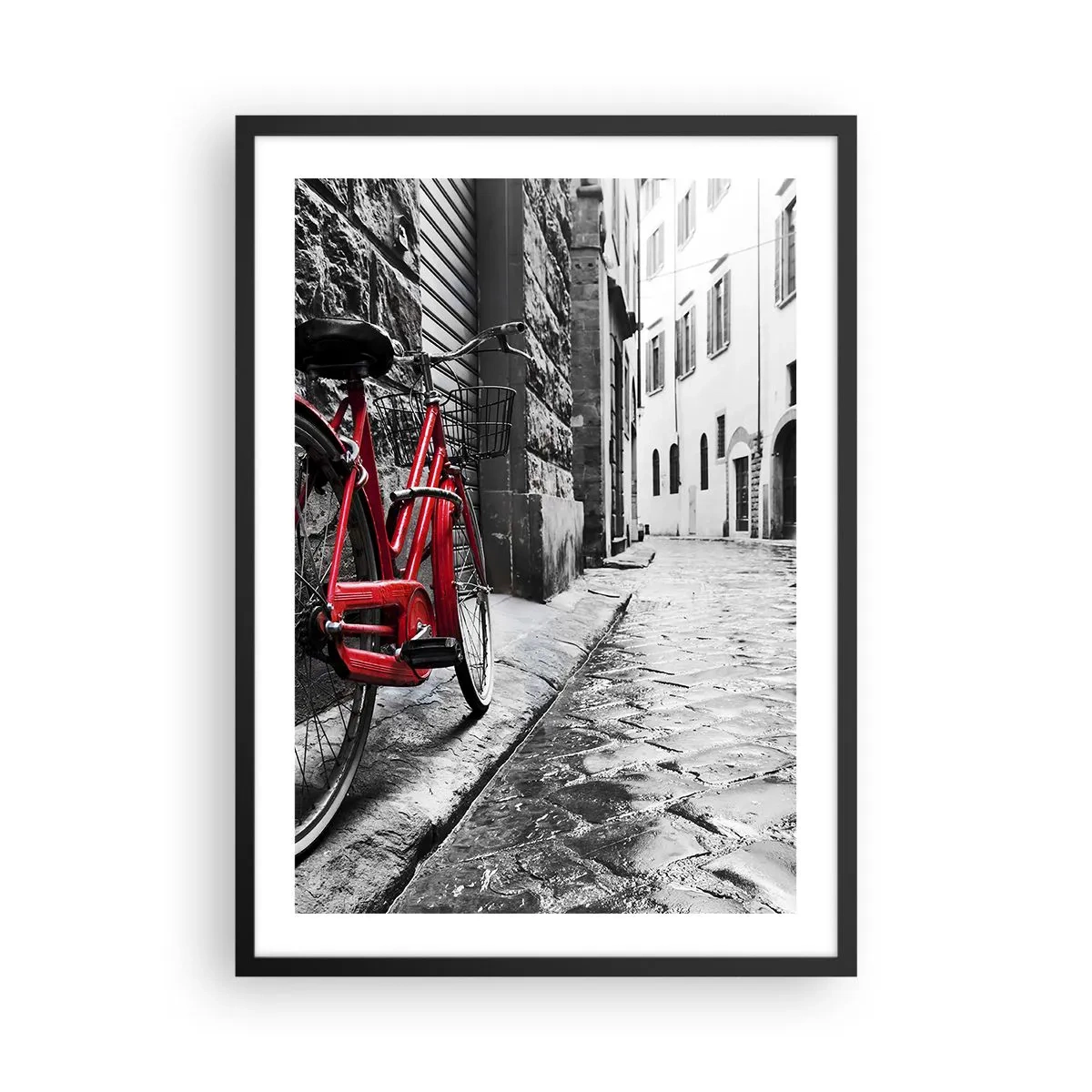 Poster in cornice nera - Una bicicletta rossa su una strada acciottolata bianca e nera - 50x70cm - La vera bellezza non invecchia - Decorazione murale moderna per soggiorno e camera da letto ARTTOR