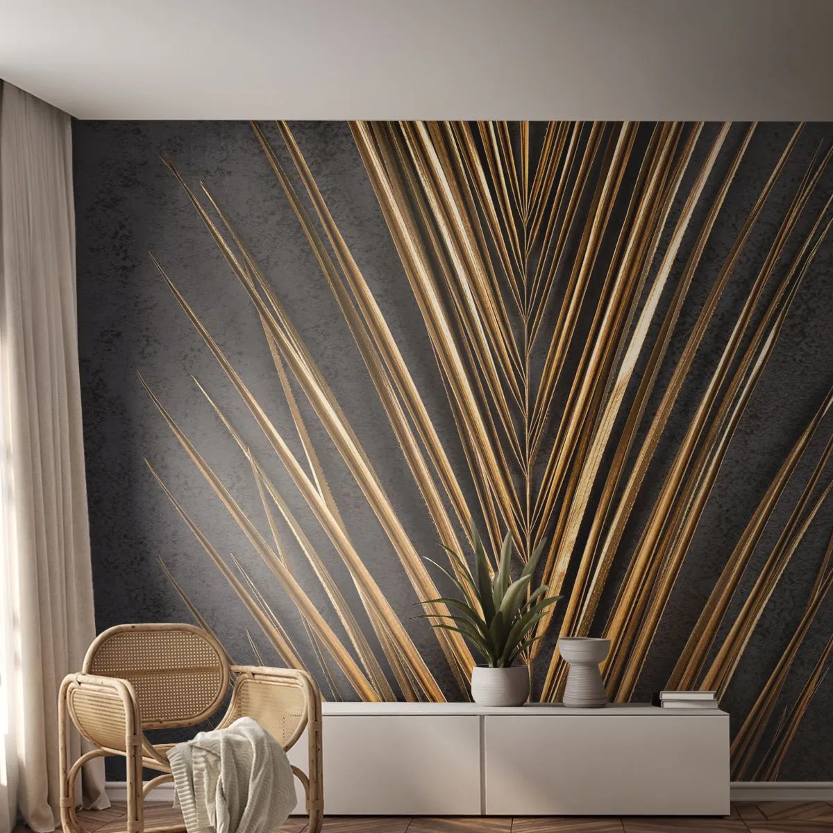 Fotomurali Premium Canvas - L'oro dei tropici - Foglia di palma, Pezzo, Astrazione - 250x175 cm