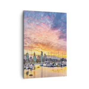 Quadro su tela - Stampe su Tela - Marina con yacht e paesaggio urbano al tramonto - 50x70cm - La città dei mille marinai - Decorazione murale moderna per soggiorno e camera da letto ARTTOR