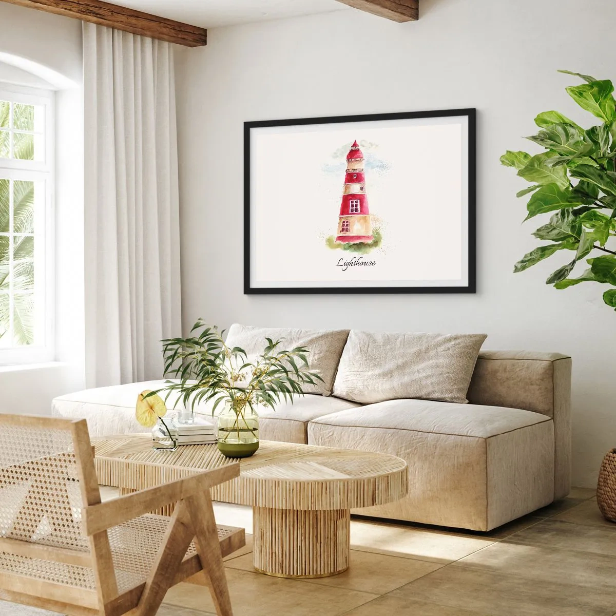 Poster in cornice nera - Dipinto ad acquerello di un faro su sfondo chiaro con un'iscrizione - 70x50cm - Attorno è sempre bel tempo - Decorazione murale moderna per soggiorno e camera da letto ARTTOR