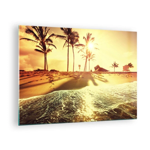 Quadro su vetro - Spiaggia dorata con palme al tramonto e mare calmo - 70x50cm - Pomeriggio in California - Decorazione murale moderna per soggiorno e camera da letto ARTTOR