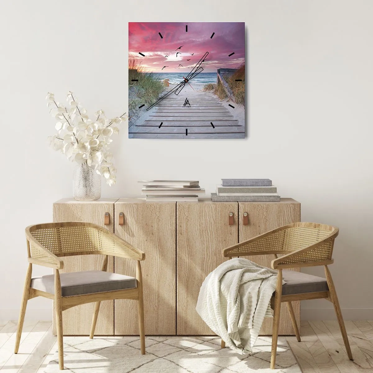 Orologio da parete - Orologio in Vetro - Sentiero in legno sulla spiaggia al tramonto rosa - 30x30cm - Impressioni baltiche - Decorazione murale moderna per soggiorno e camera da letto ARTTOR