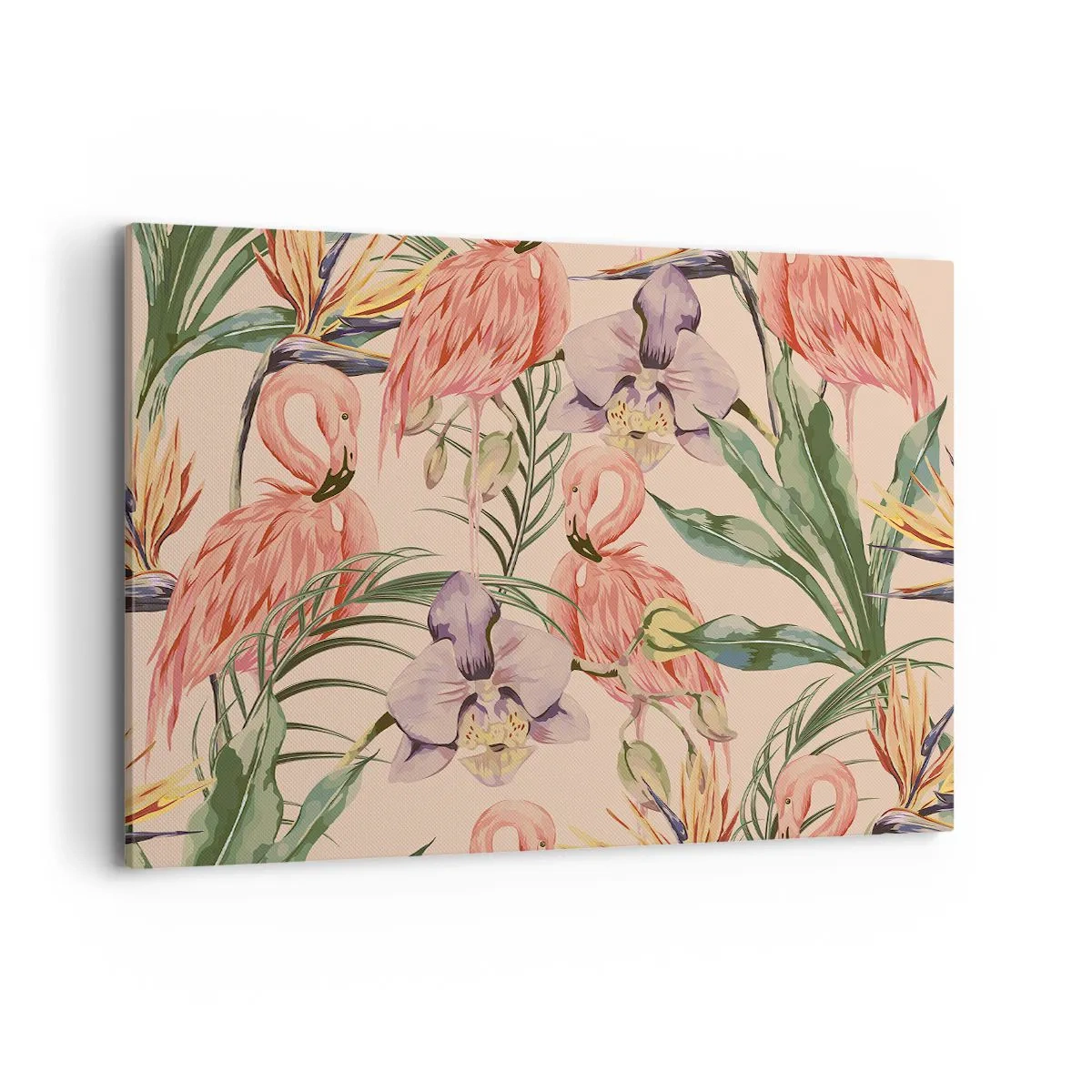 Quadro su tela - Stampe su Tela - Fenicotteri e fiori tropicali su uno sfondo chiaro - 120x80cm - Un ballo rosa nei fiori - Decorazione murale moderna per soggiorno e camera da letto ARTTOR