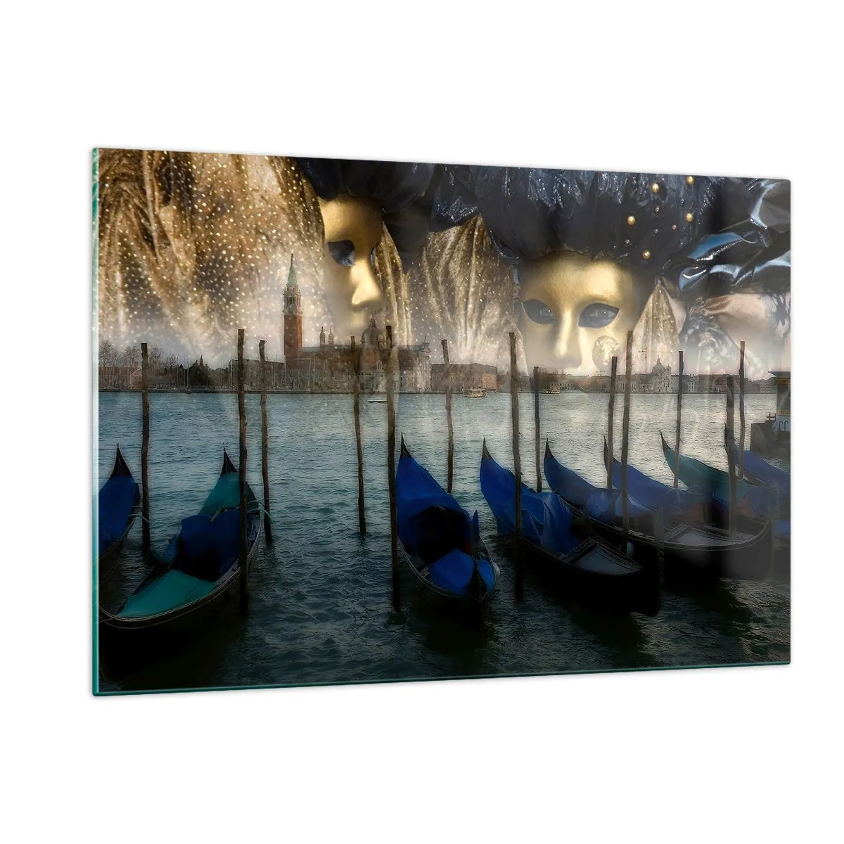 Quadro su vetro - Venezia con gondole e maschere di carnevale - 120x80cm - È ora di iniziare il carnevale - Decorazione murale moderna per soggiorno e camera da letto ARTTOR
