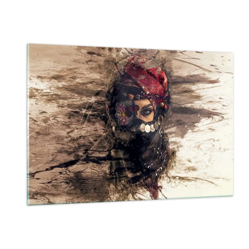 Quadro su vetro - Ritratto di una donna misteriosa con un turbante rosso - 120x80cm - Quantomeno inquietante - Decorazione murale moderna per soggiorno e camera da letto ARTTOR