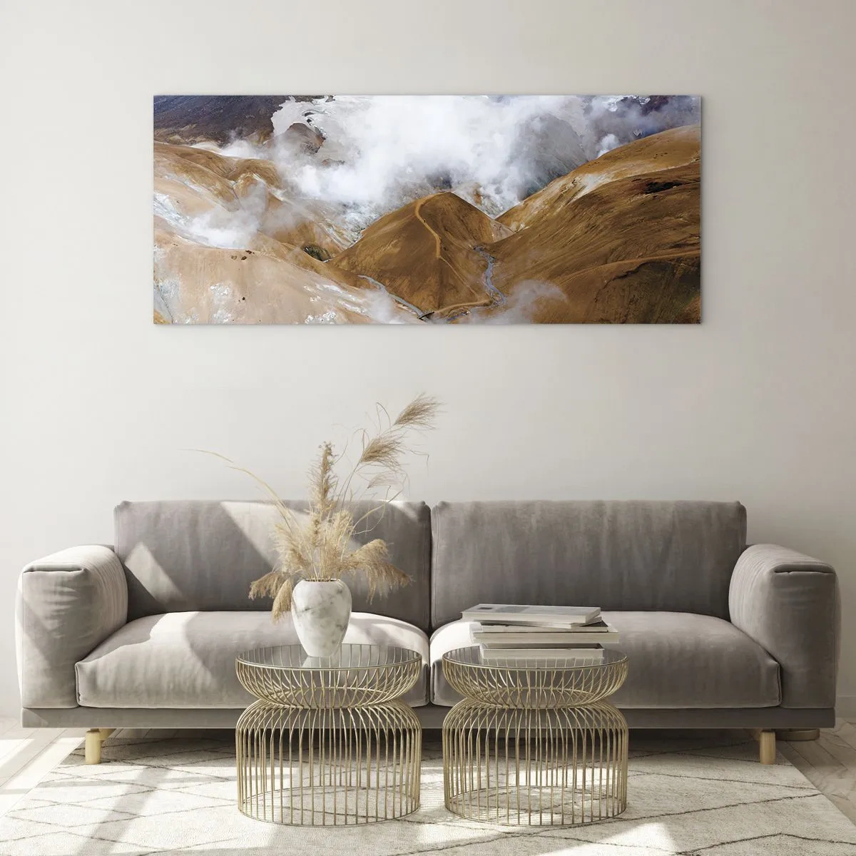 Quadro su vetro - Un paesaggio montano con vapore in un clima rigido - 120x50cm - La bellezza severa dell'Islanda - Decorazione murale moderna per soggiorno e camera da letto ARTTOR