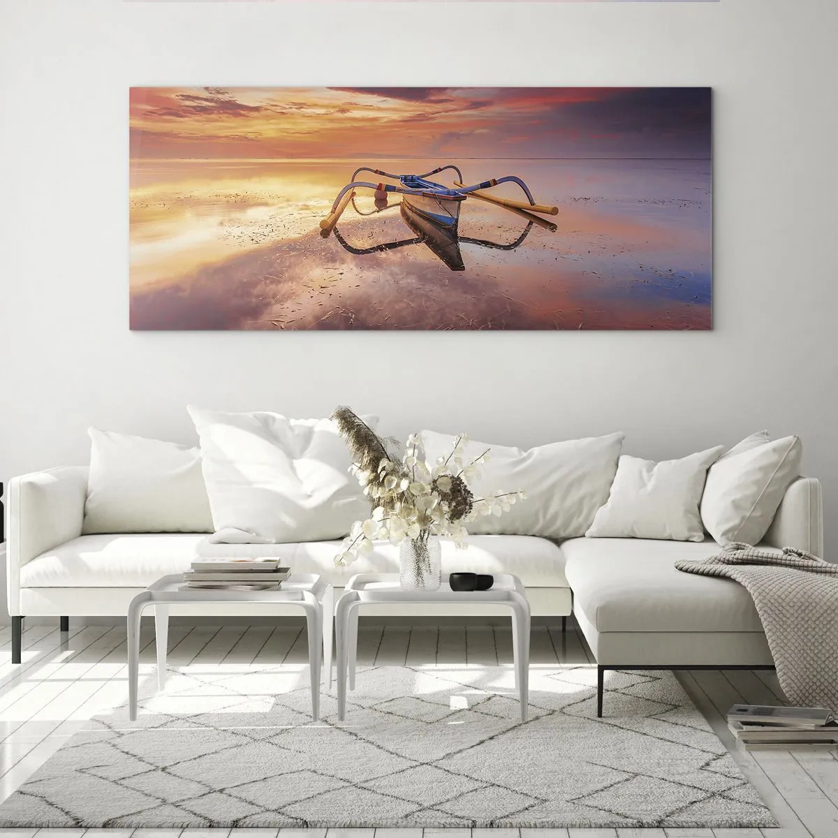 Quadro su vetro - Una barca in acque calme al tramonto - 120x50cm - La pace della sera tropicale - Decorazione murale moderna per soggiorno e camera da letto ARTTOR