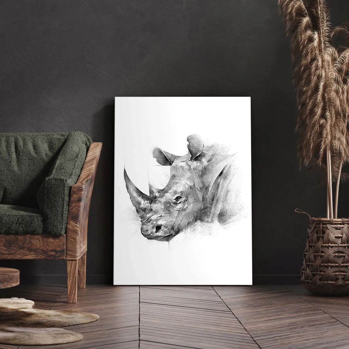 Quadro su tela - Stampe su Tela - Ritratto artistico di un rinoceronte in bianco e nero - 50x70cm - Ritratto africano - Decorazione murale moderna per soggiorno e camera da letto ARTTOR