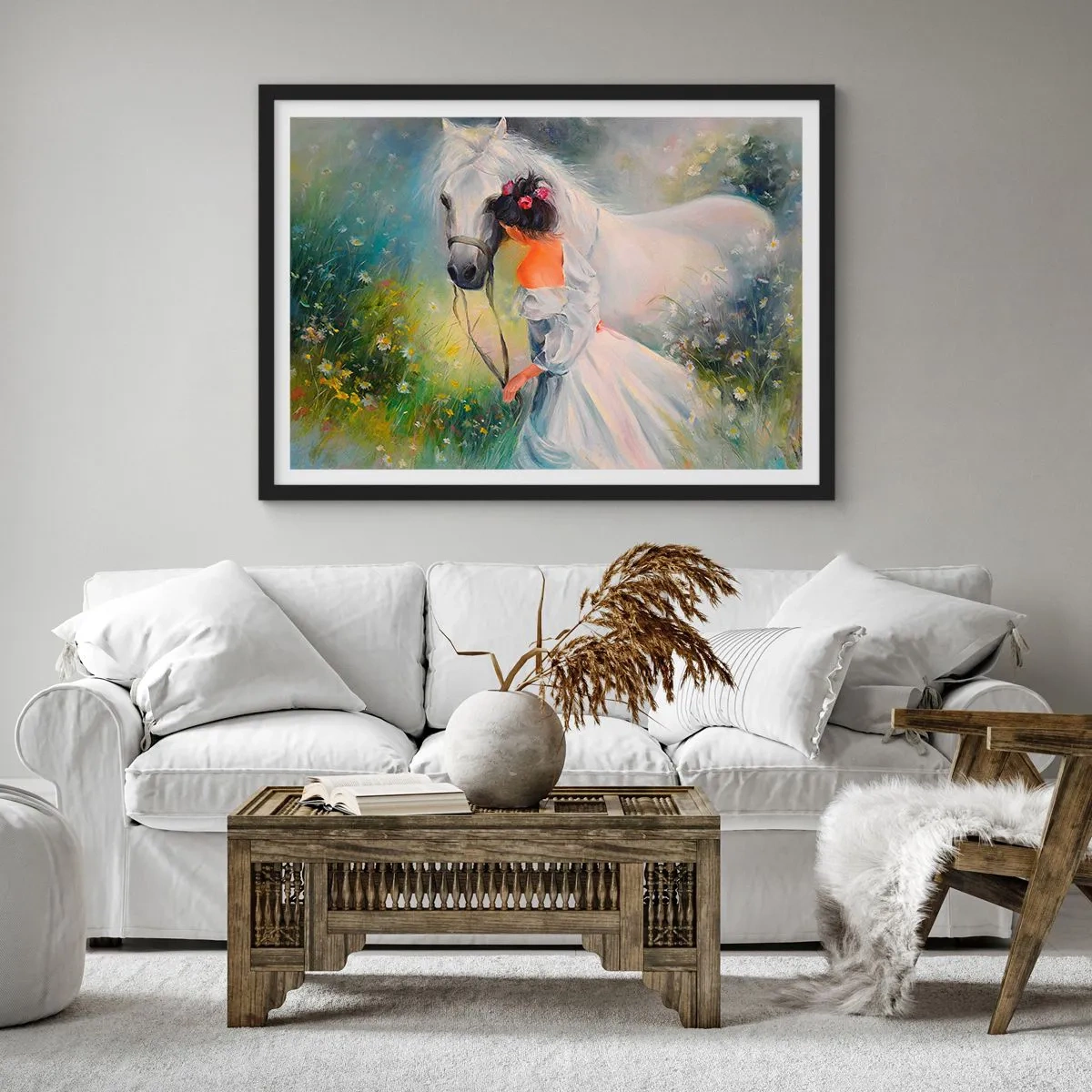 Poster in cornice nera - Una donna con un cavallo bianco in un ambiente pittoresco - 100x70cm - Come in un bel sogno - Decorazione murale moderna per soggiorno e camera da letto ARTTOR