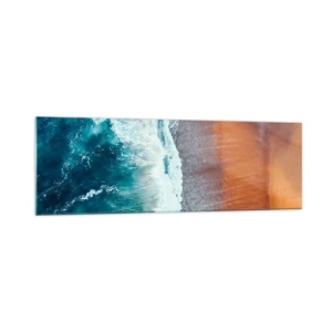 Quadro su vetro - Una vista delle onde dell'oceano che si infrangono sulla spiaggia dorata - 160x50cm - Il tocco dell'oceano - Decorazione murale moderna per soggiorno e camera da letto ARTTOR