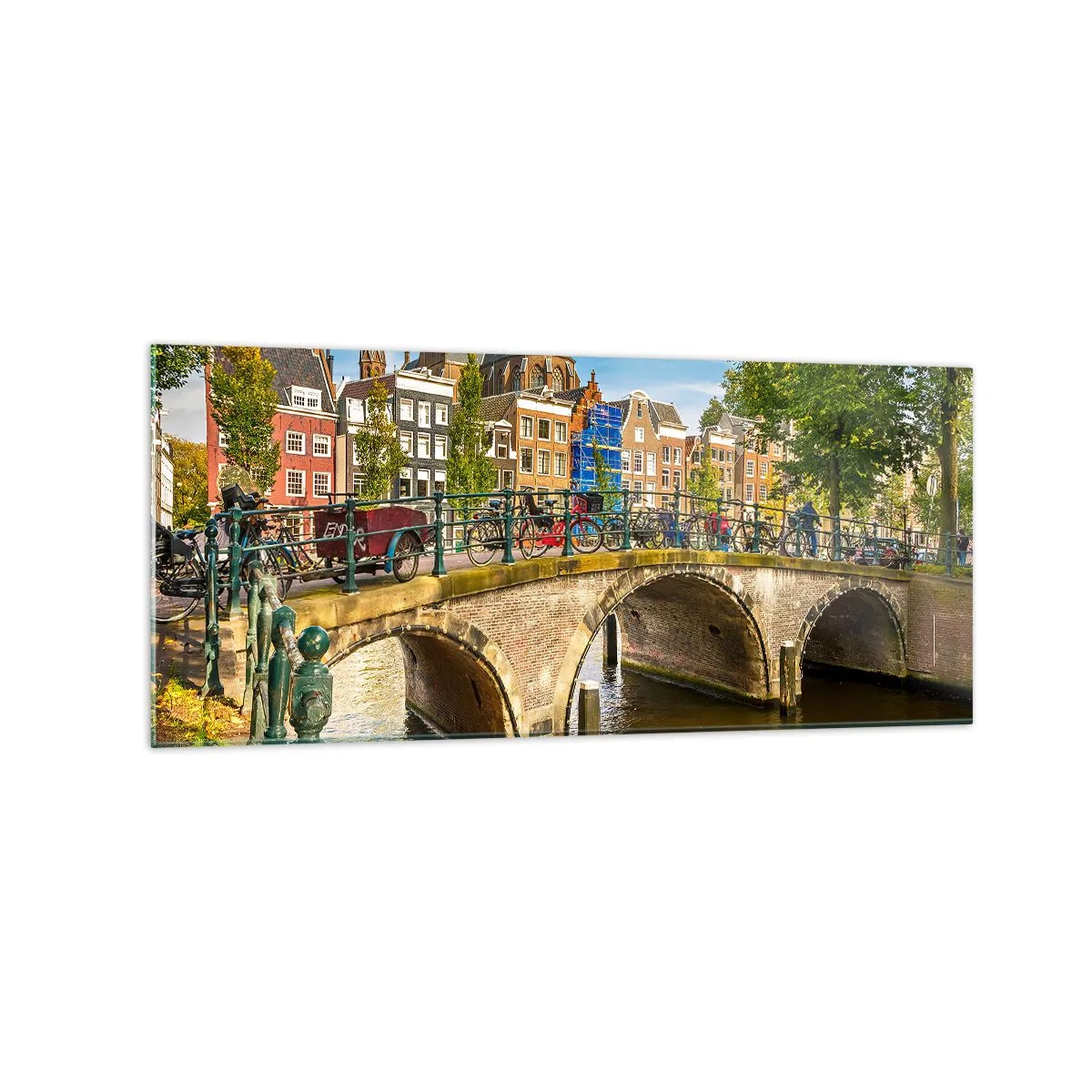 Quadro su vetro - Un pittoresco canale con un ponte ad Amsterdam - 120x50cm - La primavera sul canale - Decorazione murale moderna per soggiorno e camera da letto ARTTOR