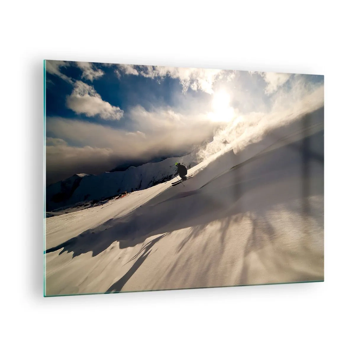 Quadro su vetro - Uno sciatore che scivola lungo un pendio alla luce del sole invernale - 70x50cm - Sfida dei monti accettata - Decorazione murale moderna per soggiorno e camera da letto ARTTOR