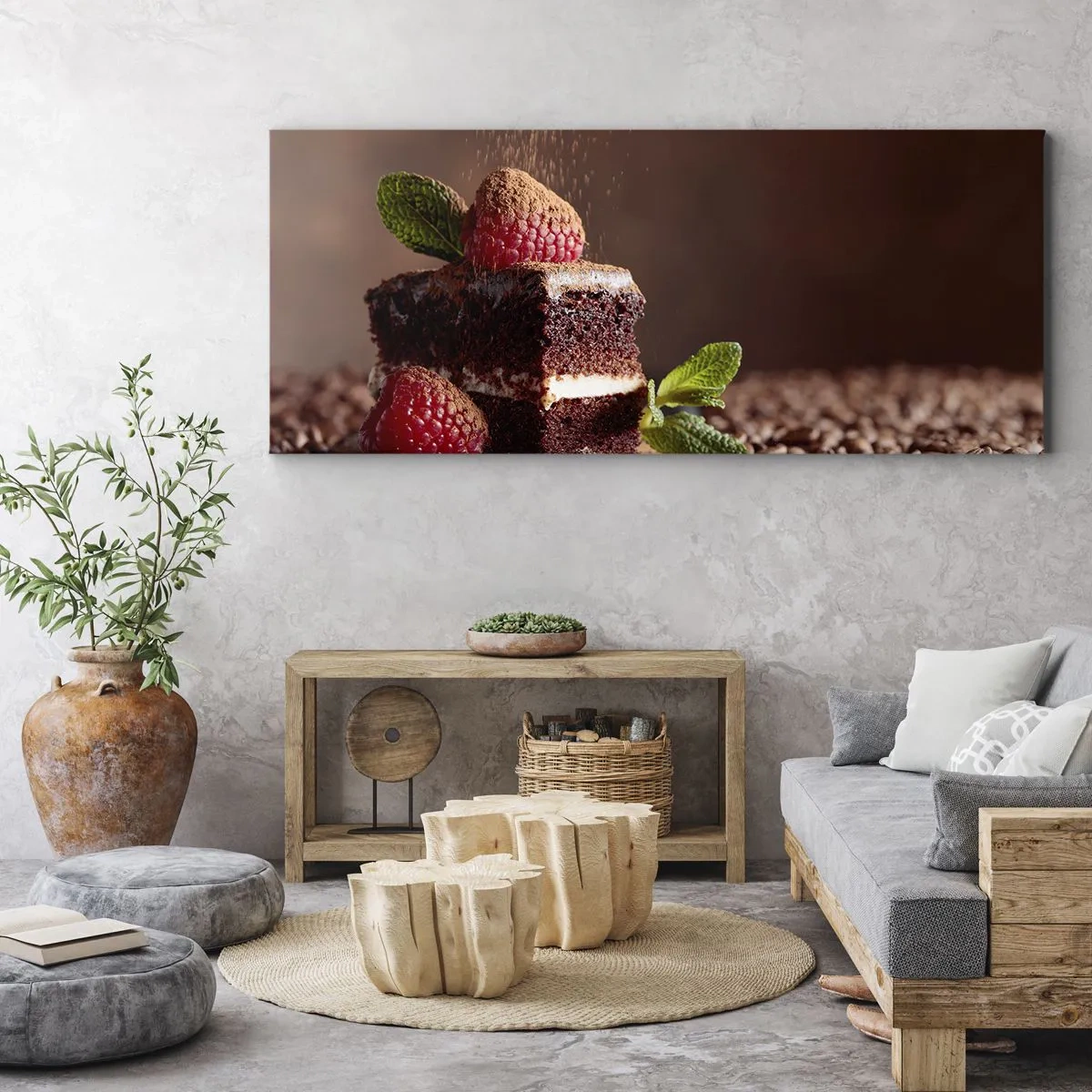 Quadro su tela - Stampe su Tela - Torta al cioccolato con lamponi e menta su uno sfondo di fave di cacao - 140x50cm - La vita è dolce - Decorazione murale moderna per soggiorno e camera da letto ARTTOR