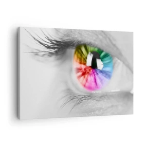 Quadro su tela - Stampe su Tela - Ripresa artistica di un occhio con iride arcobaleno su sfondo grigio - 70x50cm - Vedere il mondo a colori - Decorazione murale moderna per soggiorno e camera da letto ARTTOR