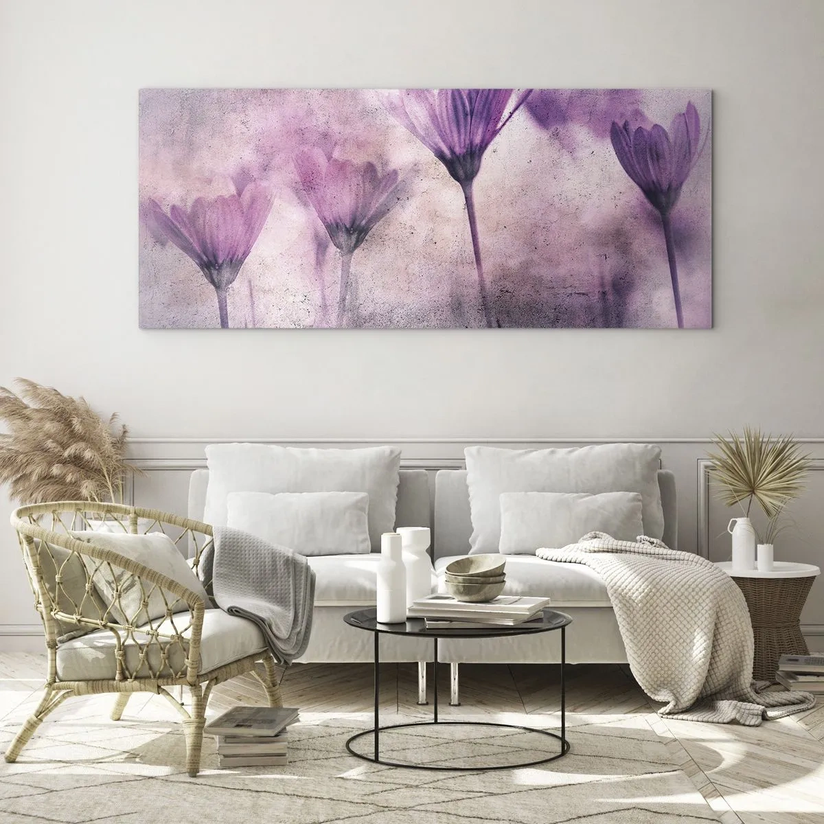 Quadro su vetro - Delicati fiori nelle tonalità del viola su uno sfondo chiaro - 120x50cm - Il sogno dei fiori - Decorazione murale moderna per soggiorno e camera da letto ARTTOR
