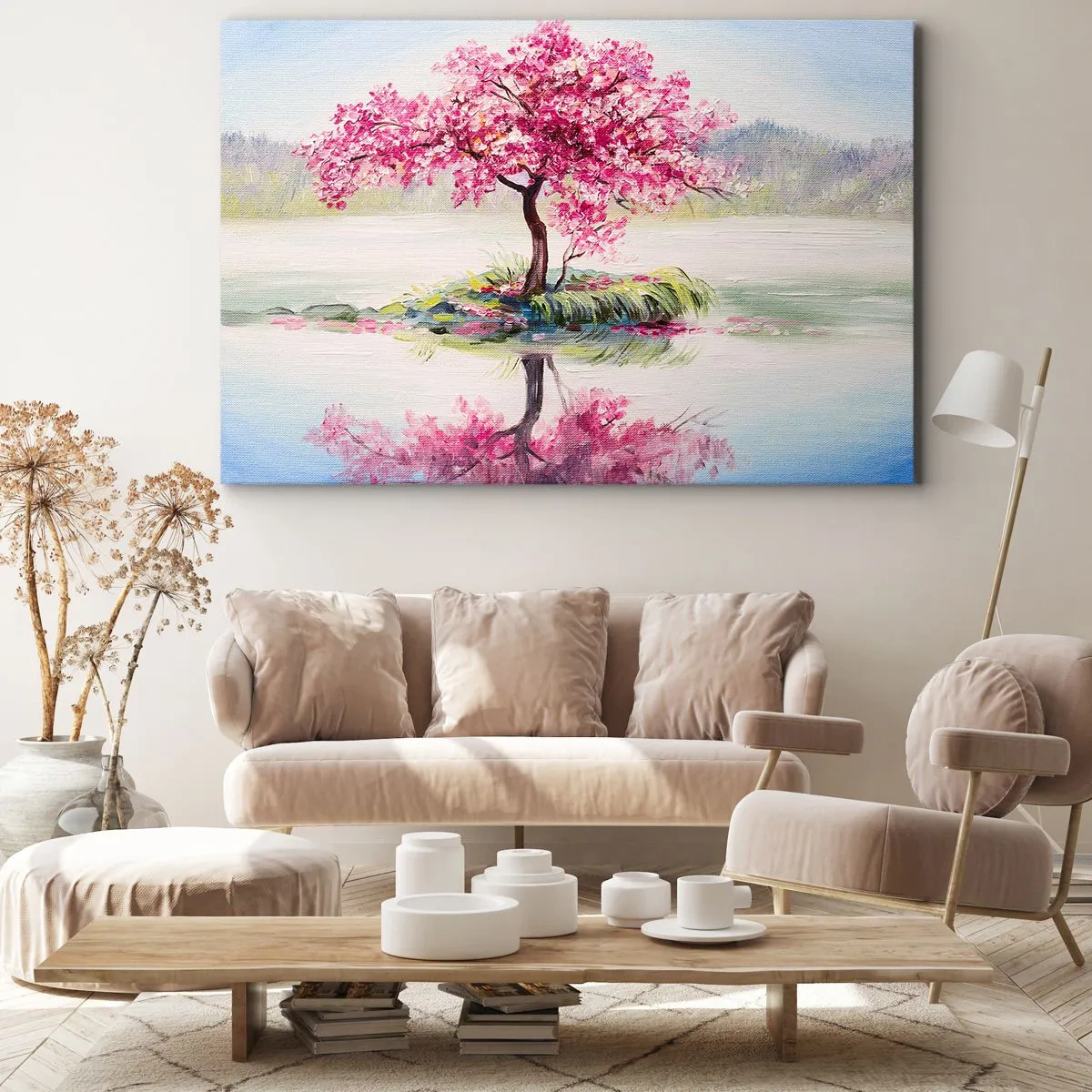 Quadro su tela - Stampe su Tela - Un albero in fiore sull'acqua ferma - 70x50cm - La festa della primavera - Decorazione murale moderna per soggiorno e camera da letto ARTTOR