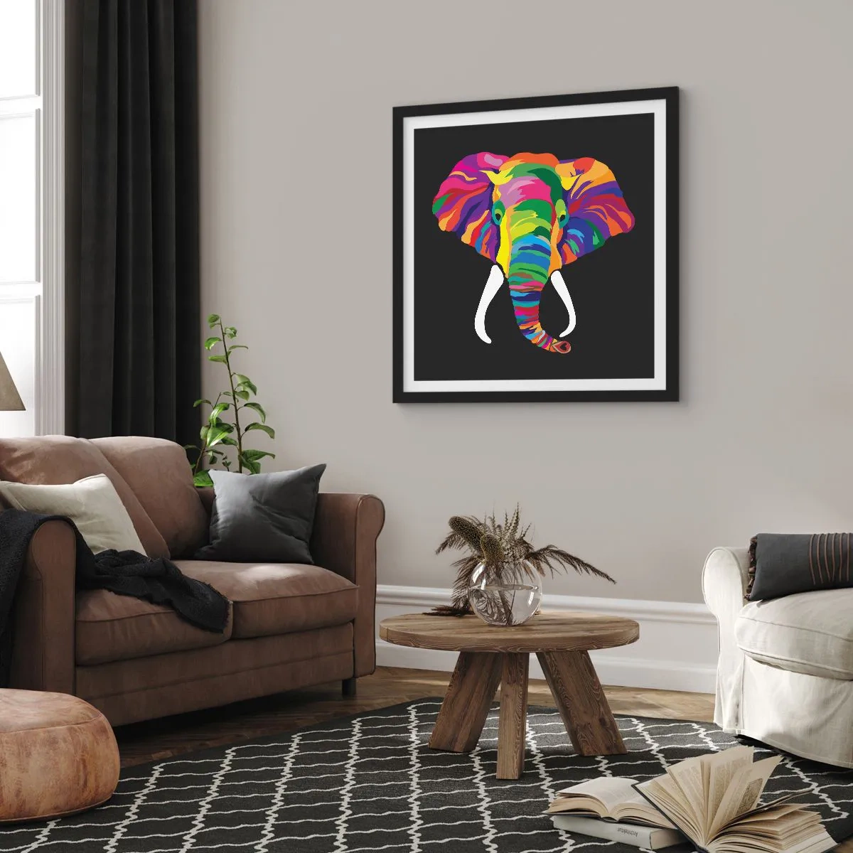 Poster in cornice nera - L'elefante che faceva il bagno nell'arcobaleno - 60x60 cm