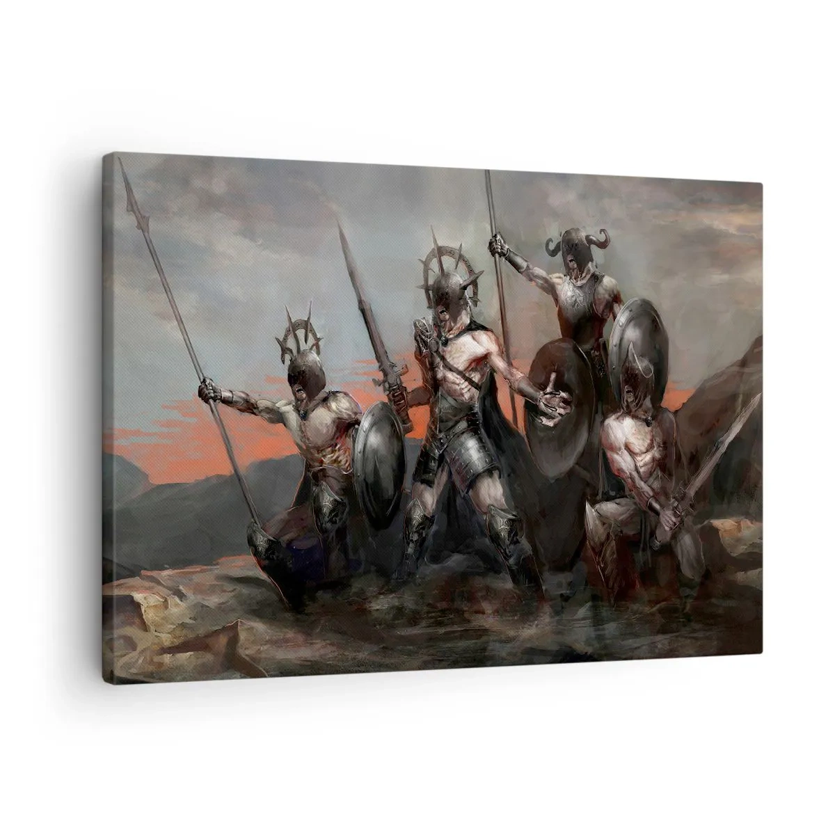 Quadro su tela - Stampe su Tela - Un gruppo di guerrieri in armatura con lance sullo sfondo del tramonto - 70x50cm - Con lo scudo o sullo scudo - Decorazione murale moderna per soggiorno e camera da letto ARTTOR