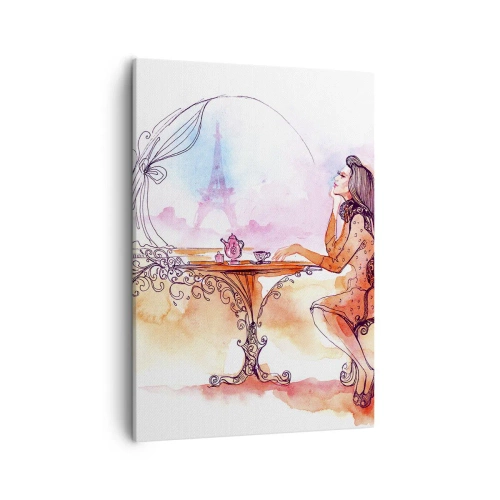 Quadro su tela - Stampe su Tela - Acquerello romantico di una donna in un caffè con vista su una torre - 50x70cm - Chic parigino - Decorazione murale moderna per soggiorno e camera da letto ARTTOR