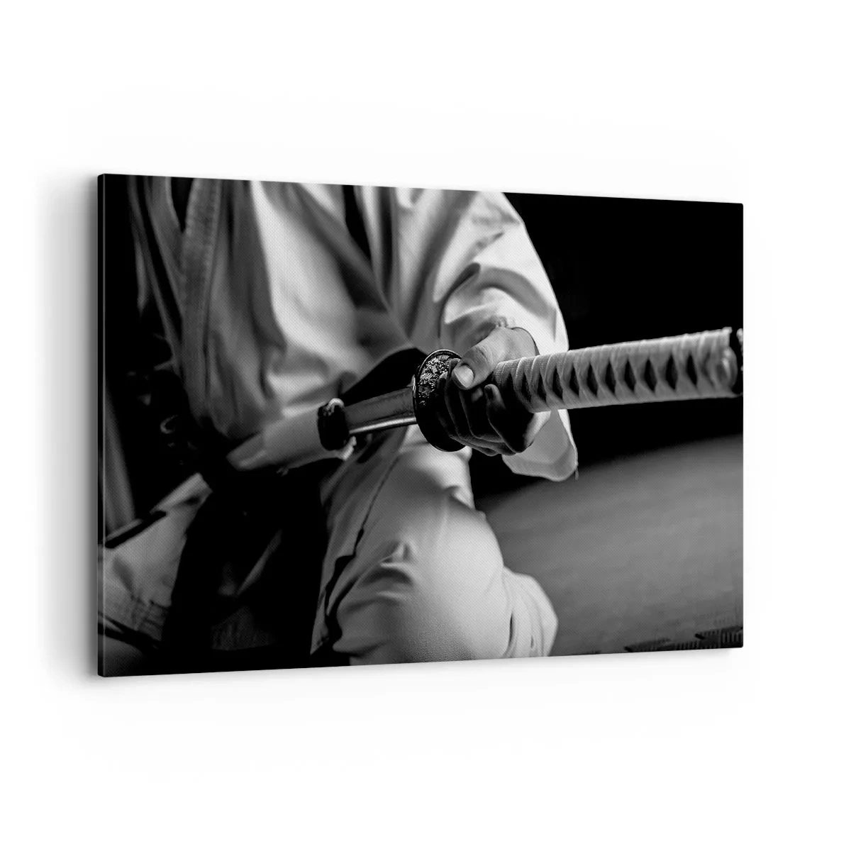 Quadro su tela - Stampe su Tela - Un samurai in kimono che impugna una katana in bianco e nero. - 120x80cm - L'anima del guerriero - Decorazione murale moderna per soggiorno e camera da letto ARTTOR