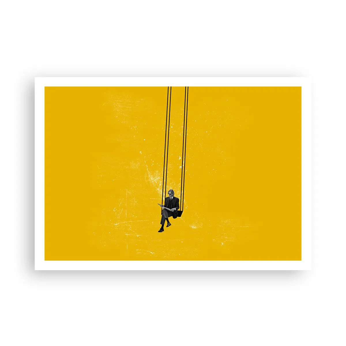 Poster - Una persona su un'altalena su uno sfondo di un giallo intenso - 100x70cm - Un giorno come tanti - Decorazione murale moderna per soggiorno e camera da letto ARTTOR