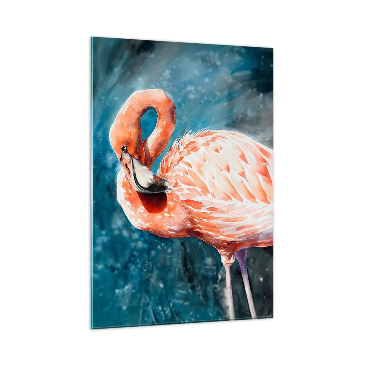 Quadro su vetro - Un fenicottero rosa su uno sfondo acquerello blu - 50x70cm - Naturalmente decorativo  - Decorazione murale moderna per soggiorno e camera da letto ARTTOR