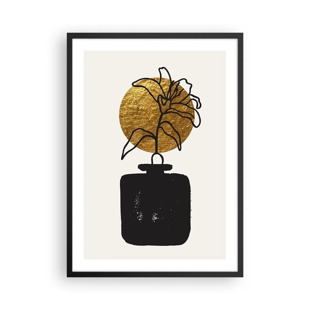 Poster in cornice nera - Composizione astratta con un fiore e un cerchio dorato - 50x70cm - Bellezza a peso d'oro - Decorazione murale moderna per soggiorno e camera da letto ARTTOR