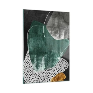 Quadro su vetro - Forme verdi con sfondo nero e accenti dorati - 50x70cm - Astrazione colorata con petalo d'oro - Decorazione murale moderna per soggiorno e camera da letto ARTTOR