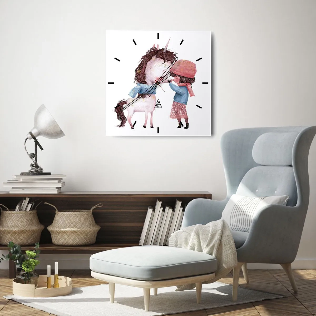 Orologio da parete - Orologio in Vetro - Una ragazza e un unicorno in uno scenario invernale - 30x30cm - Racconto d'inverno - Decorazione murale moderna per soggiorno e camera da letto ARTTOR