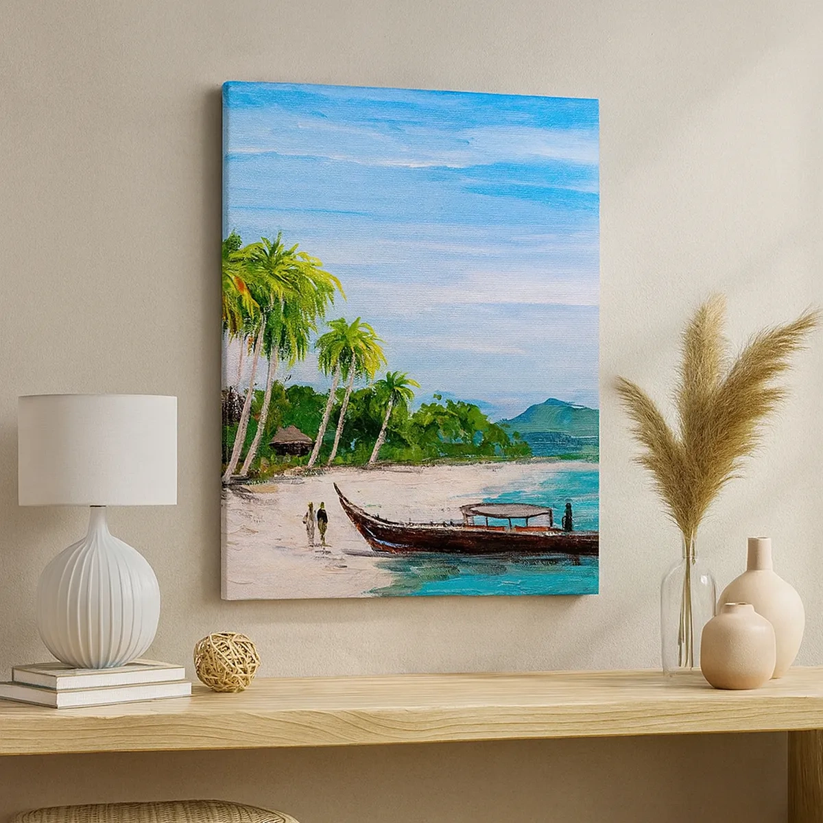 Quadro su tela - Stampe su Tela - Una spiaggia esotica con palme e una barca sulla riva - 50x70cm - Sogno esotico - Decorazione murale moderna per soggiorno e camera da letto ARTTOR