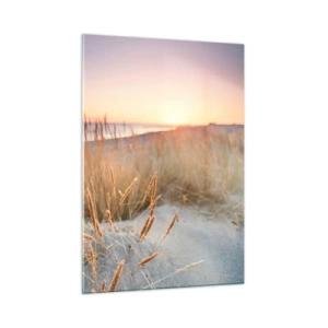 Quadro su vetro - Una spiaggia con l'erba e il sole che tramonta sul mare - 50x70cm - Ninna nanna baltica - Decorazione murale moderna per soggiorno e camera da letto ARTTOR