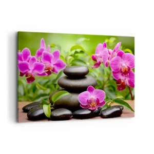 Quadro su tela - Stampe su Tela - Orchidee rosa con pietre su sfondo verde - 100x70cm - Piramide di pace - Decorazione murale moderna per soggiorno e camera da letto ARTTOR