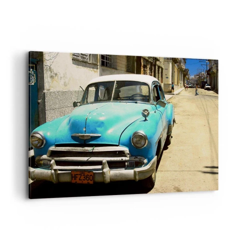Quadro su tela - Stampe su Tela - Un'auto d'epoca blu sulla strada in una giornata di sole - 100x70cm - Evviva Cuba! - Decorazione murale moderna per soggiorno e camera da letto ARTTOR