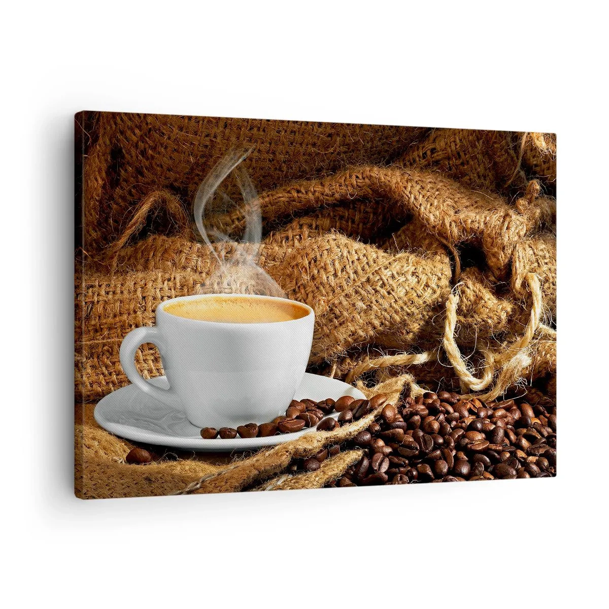 Quadro su tela - Stampe su Tela - Una tazza di caffè circondata da un sacchetto di chicchi di caffè - 70x50cm - L'odore di caffè con la schiuma del colore del miele - Decorazione murale moderna per soggiorno e camera da letto ARTTOR