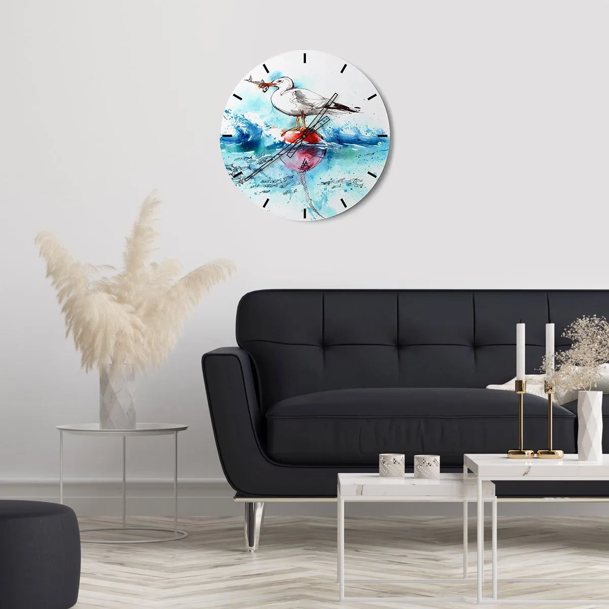 Orologio da parete - Orologio in Vetro - Un gabbiano con un pesce su una boa tra le onde, raffigurato in stile acquerello - 30x30cm - Buona pesca - Decorazione murale moderna per soggiorno, cucina e camera da letto ARTTOR