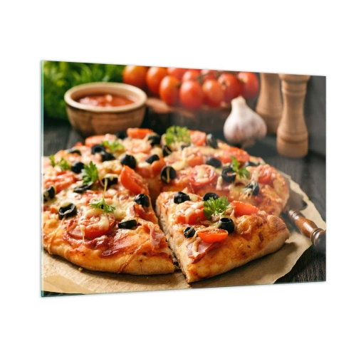 Quadro su vetro - Pizza appetitosa con pomodori, olive ed erbe aromatiche - 100x70cm - Te la sei nuovamente cavata - Decorazione murale moderna per soggiorno e camera da letto ARTTOR