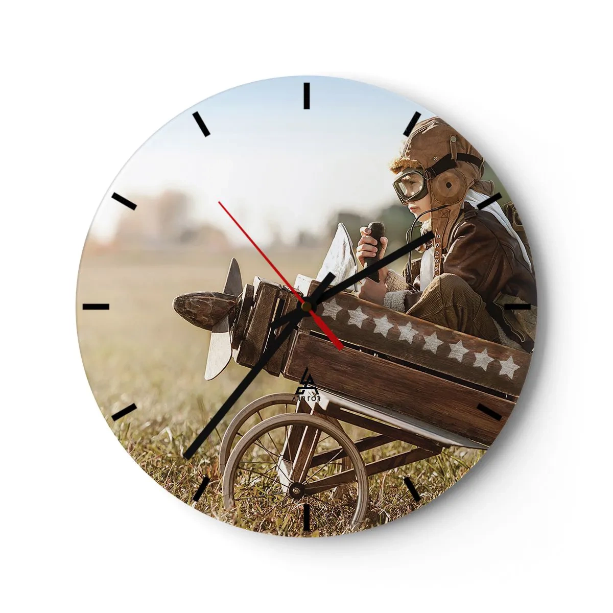 Orologio da parete - Orologio in Vetro - Un ragazzo in costume da pilota su un aereo di legno - 30x30cm - Decollo verso i sogni - Decorazione murale moderna per soggiorno, cucina e camera da letto ARTTOR