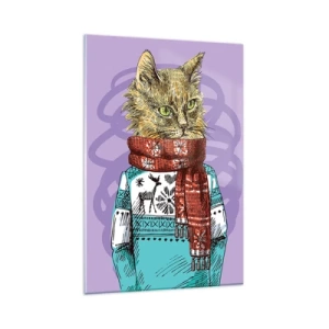 Quadro su vetro - Un gatto con un maglione e una sciarpa su uno sfondo viola - 80x120cm - Un gatto non solo con gli stivali - Decorazione murale moderna per soggiorno e camera da letto ARTTOR