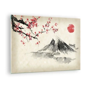 Quadro su vetro - Dipinto ad acquerello giapponese raffigurante una montagna e un ramo fiorito - 70x50cm - Amore per il Giappone - Decorazione murale moderna per soggiorno e camera da letto ARTTOR