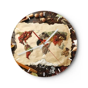 Orologio da parete - Orologio in Vetro - Mappa del mondo fatta di spezie su uno sfondo di legno - 30x30cm - Tutti i gusti del mondo - Decorazione murale moderna per soggiorno, cucina e camera da letto ARTTOR