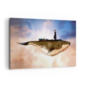 Quadro su tela - Stampe su Tela - Una scena fantastica di una donna su una balena tra le nuvole - 120x80cm - Viaggio surreale - Decorazione murale moderna per soggiorno e camera da letto ARTTOR