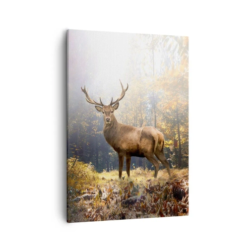 Quadro su tela - Stampe su Tela - Cervi nella foresta autunnale con raggi di sole - 50x70cm - Nella piena maestà - Decorazione murale moderna per soggiorno e camera da letto ARTTOR