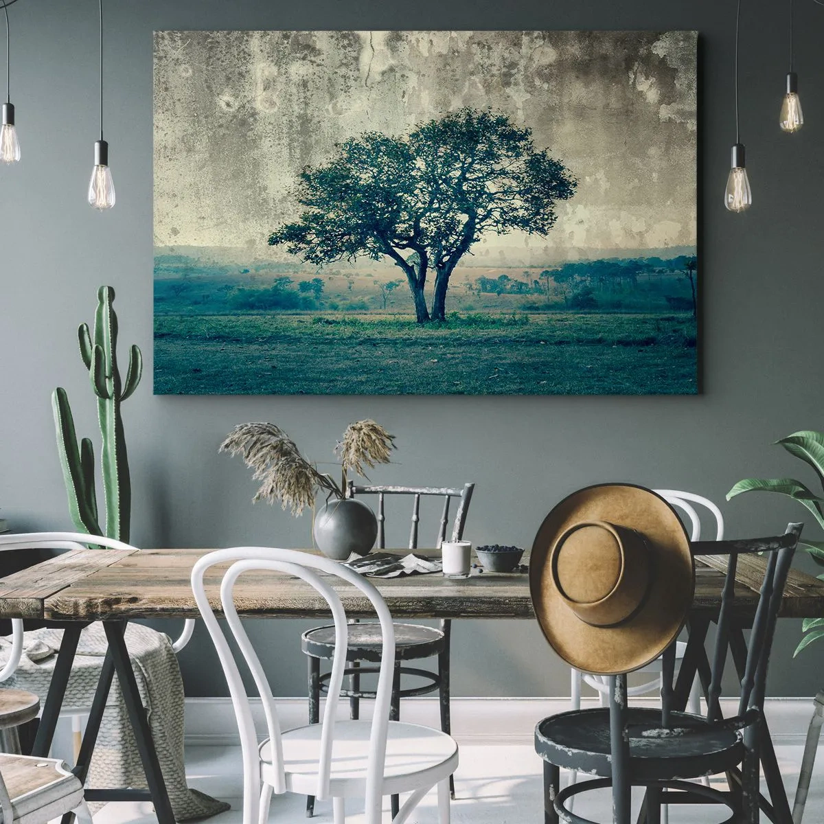 Quadro su tela - Stampe su Tela - Un albero solitario contro un paesaggio nebbioso - 70x50cm - Un melo su un prato blu? - Decorazione murale moderna per soggiorno e camera da letto ARTTOR